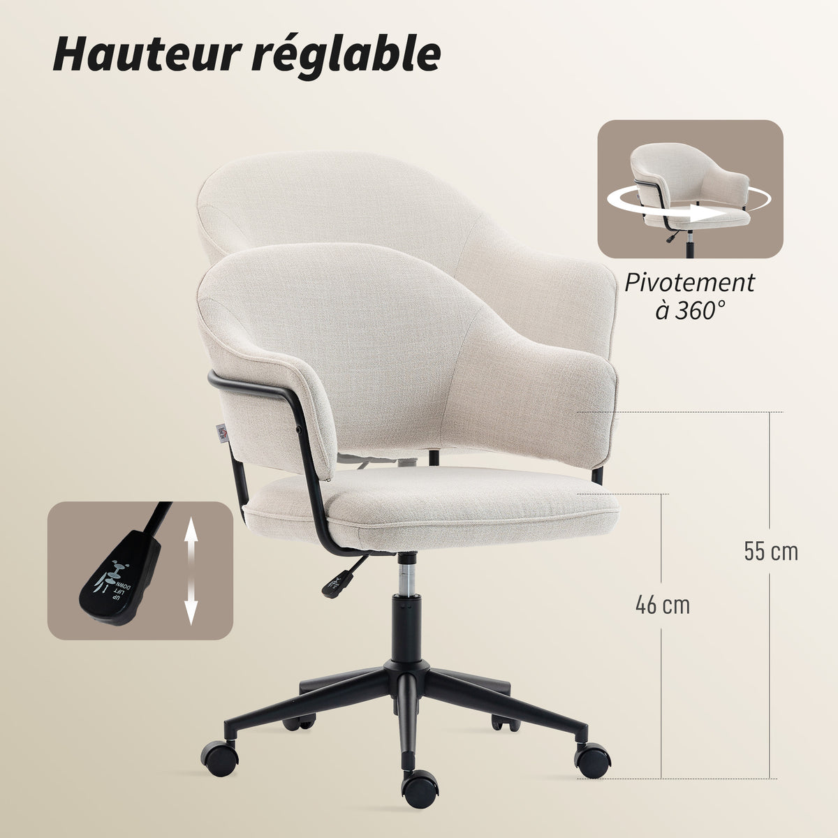 Chaise bureau ergonomique, fauteuil de bureau avec hauteur réglable, pivotant 360°, 63 x 65 x 83-92 cm, crème