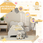 Toddler floor bed 70x140 cm with safety rail, slatted base included, and cloud decorations, white