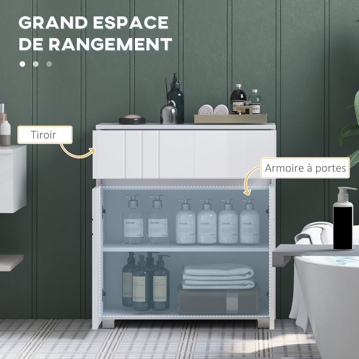 Meuble de rangement pour salle de bain sur pied placard 2 portes 1 tiroir, étagère régable, blanc laqué