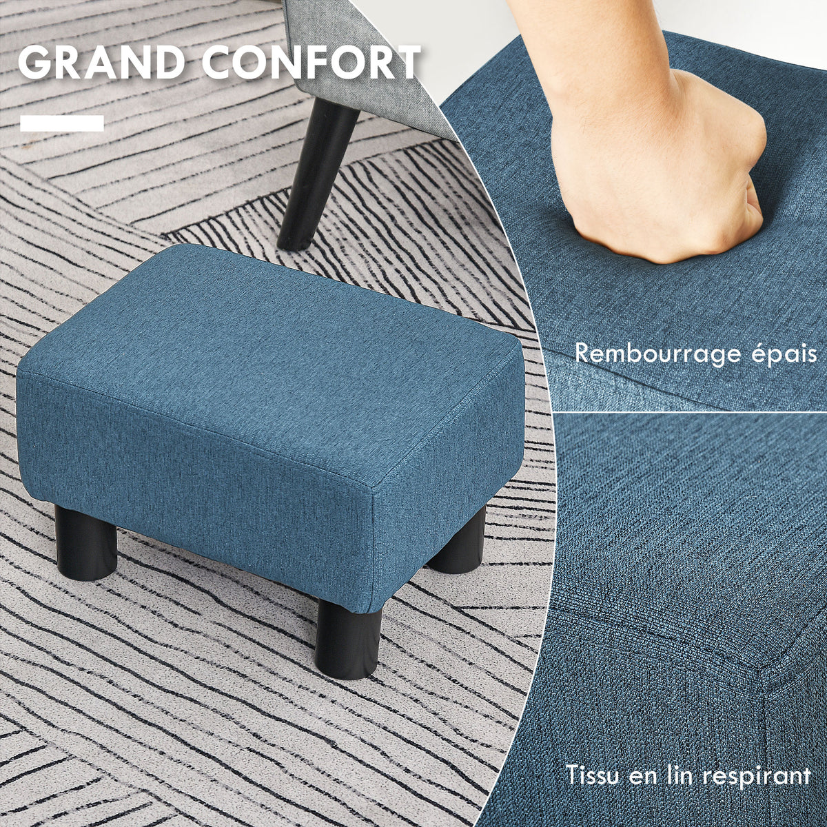 Pouf repose-pied tabouret bas en tissu de lin capacité de charge 110 Kg 40 x 30 x 24 cm bleu foncé