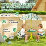 Children's Outdoor Patio Set with 2 Folding Chairs and Parasol, Jungle Theme, for Garden, Terrace, Green