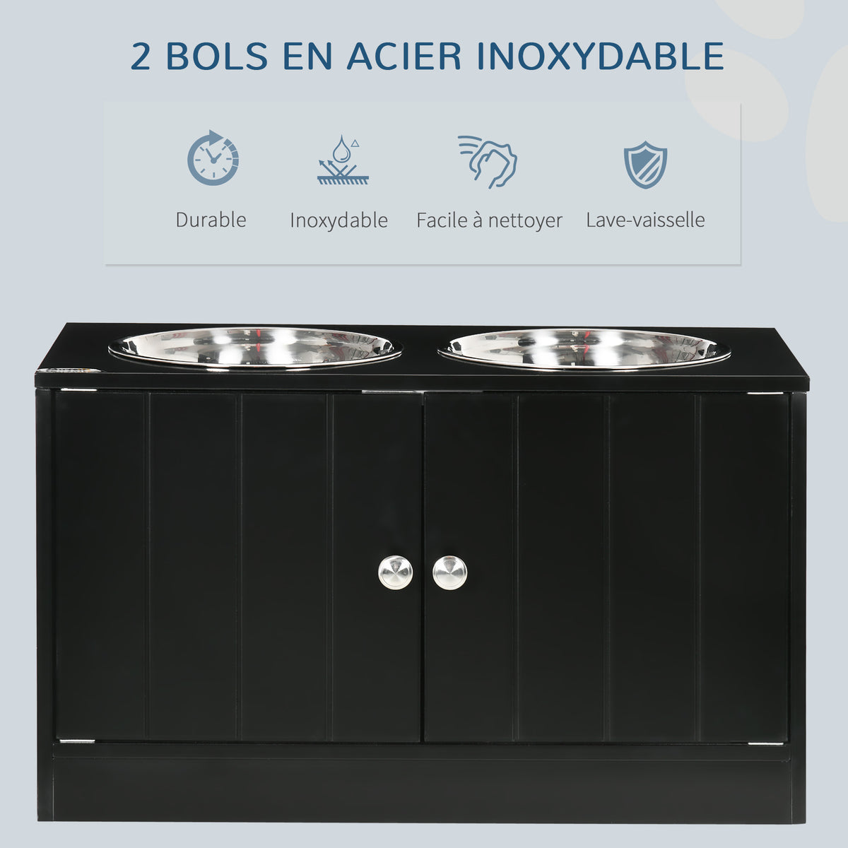 Gamelles chiens surélevées gamelle double chien chat porte-gamelles 60 x 30 x 35,5 cm 2 gamelles 2L acier inox incluses