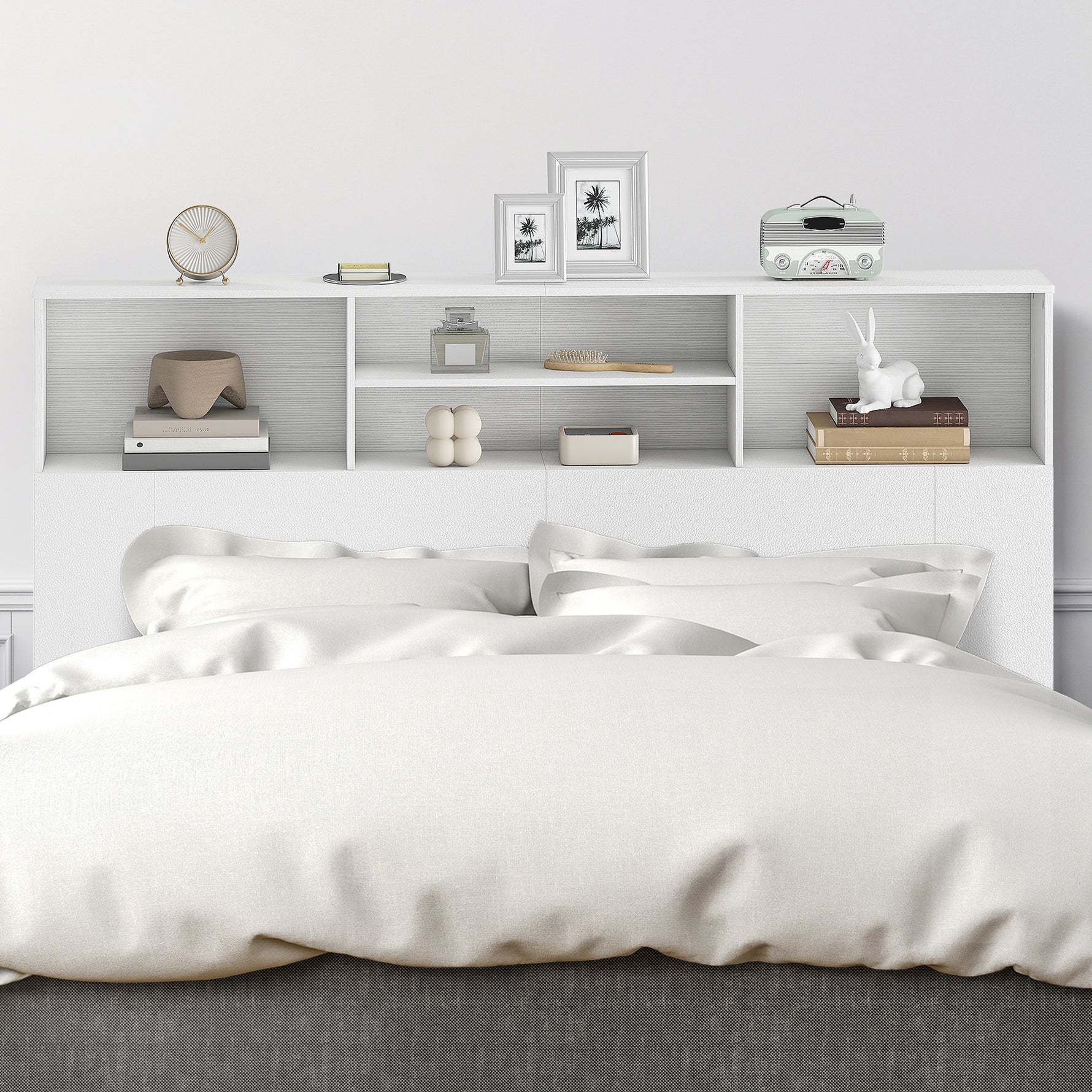 Tête de lit sur pied avec rangements, accessoire de lit 4 compartiments ouverts, 160 x 20,2 x 108,2 cm, blanc