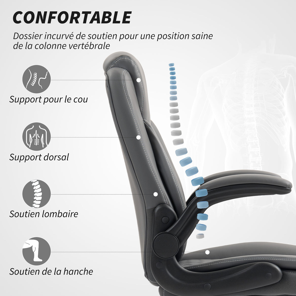 Fauteuil de bureau, chaise bureau ergonomique avec accoudoirs relevables, hauteur réglable, fonction de bascule, gris