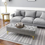 Banc banquette capitonnée bout de lit style classique chic dim. 118L x 45l x 42H cm piètement métal doré velours gris clair