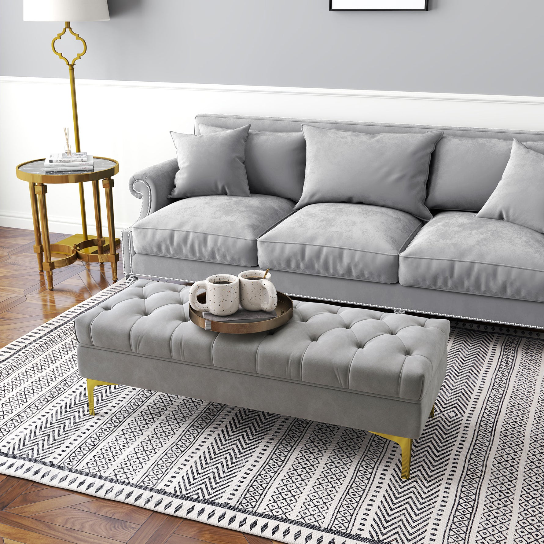 Banc banquette capitonnée bout de lit style classique chic dim. 118L x 45l x 42H cm piètement métal doré velours gris clair