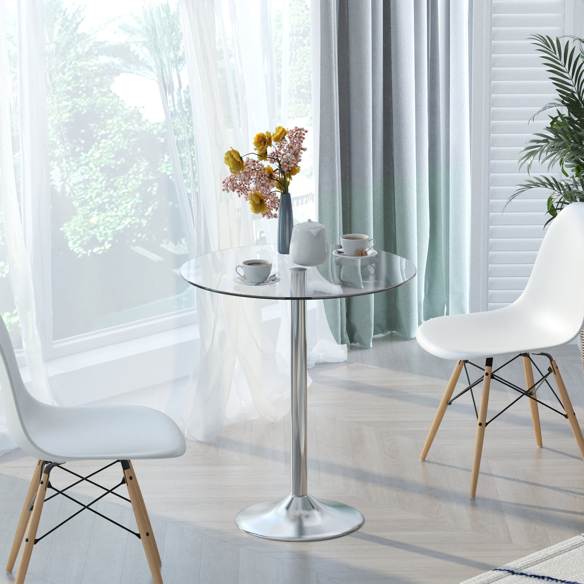 Ronde eettafel voor 2 personen, moderne keukentafel met blad van gehard glas en stalen onderstel, zilverkleurig