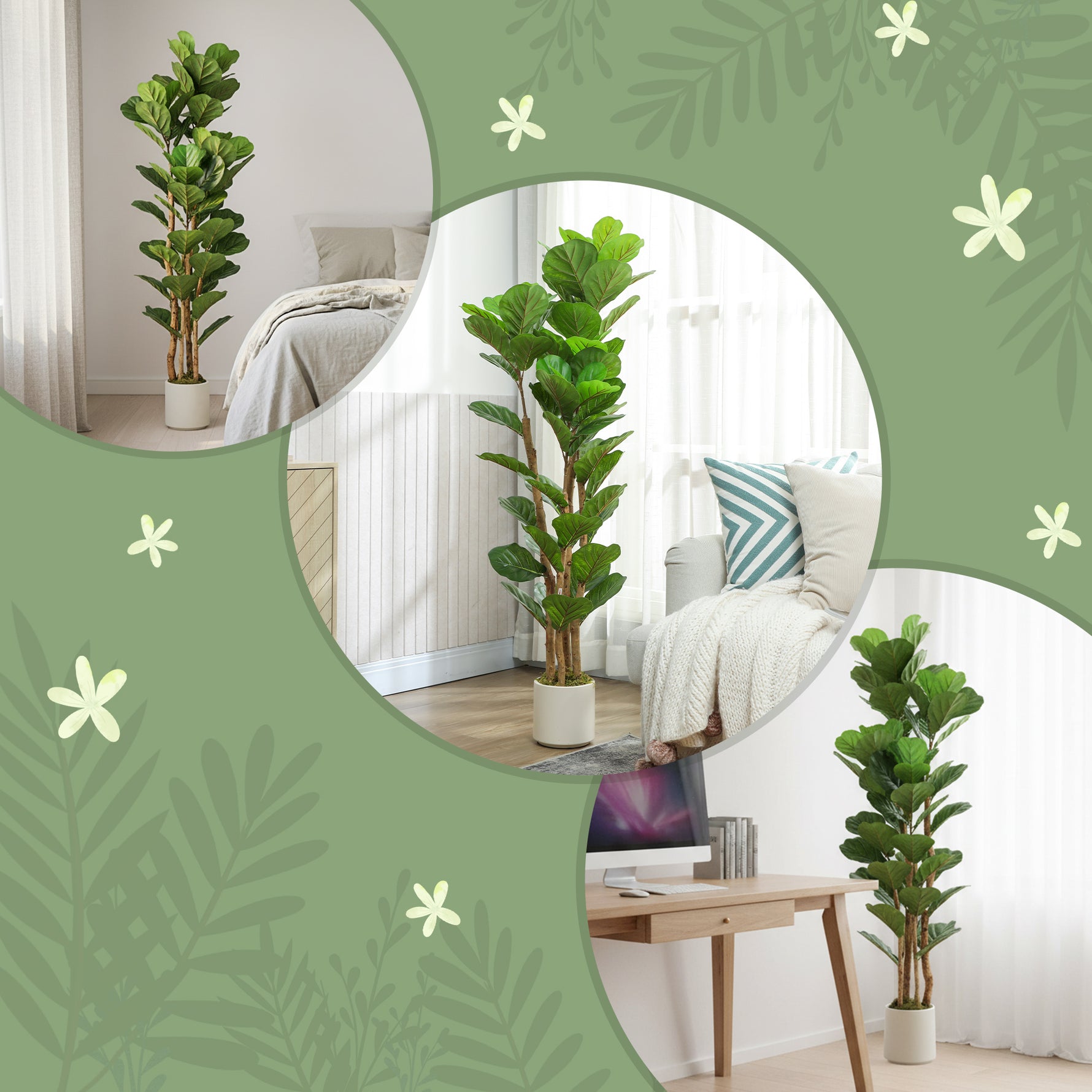 Plante artificielle intérieure 150 cm Figuier lyre arbre artificiel avec pot en plastique et tronc en bois massif, vert