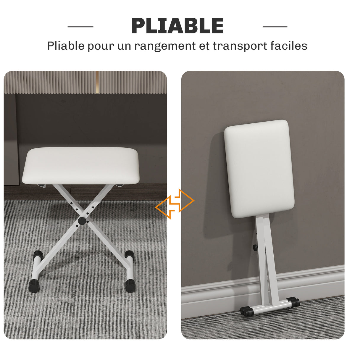 Tabouret piano pliable, banc piano réglable en hauteur, siège rembourré en PU, 39 x 29 x 37-47 cm, blanc