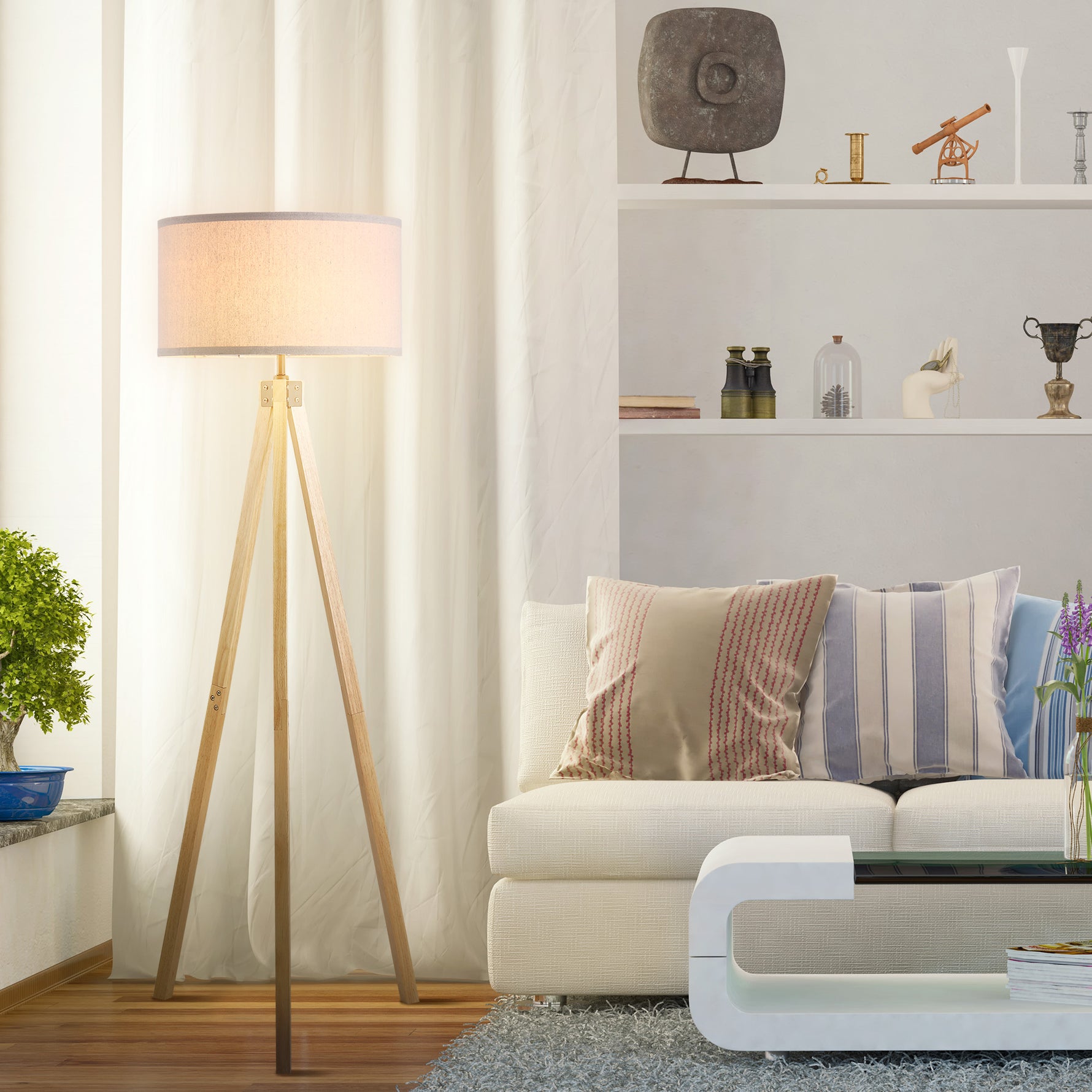 Lampadaire trépied style scandinave 40 W max. dim. 45L x 45l x 152H cm bois de pin lin beige