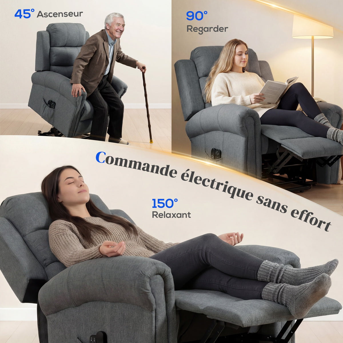 Fauteuil releveur électrique, fauteuil relax électrique avec fonction massage et chauffage, 87 x 87,5 x 108 cm, gris