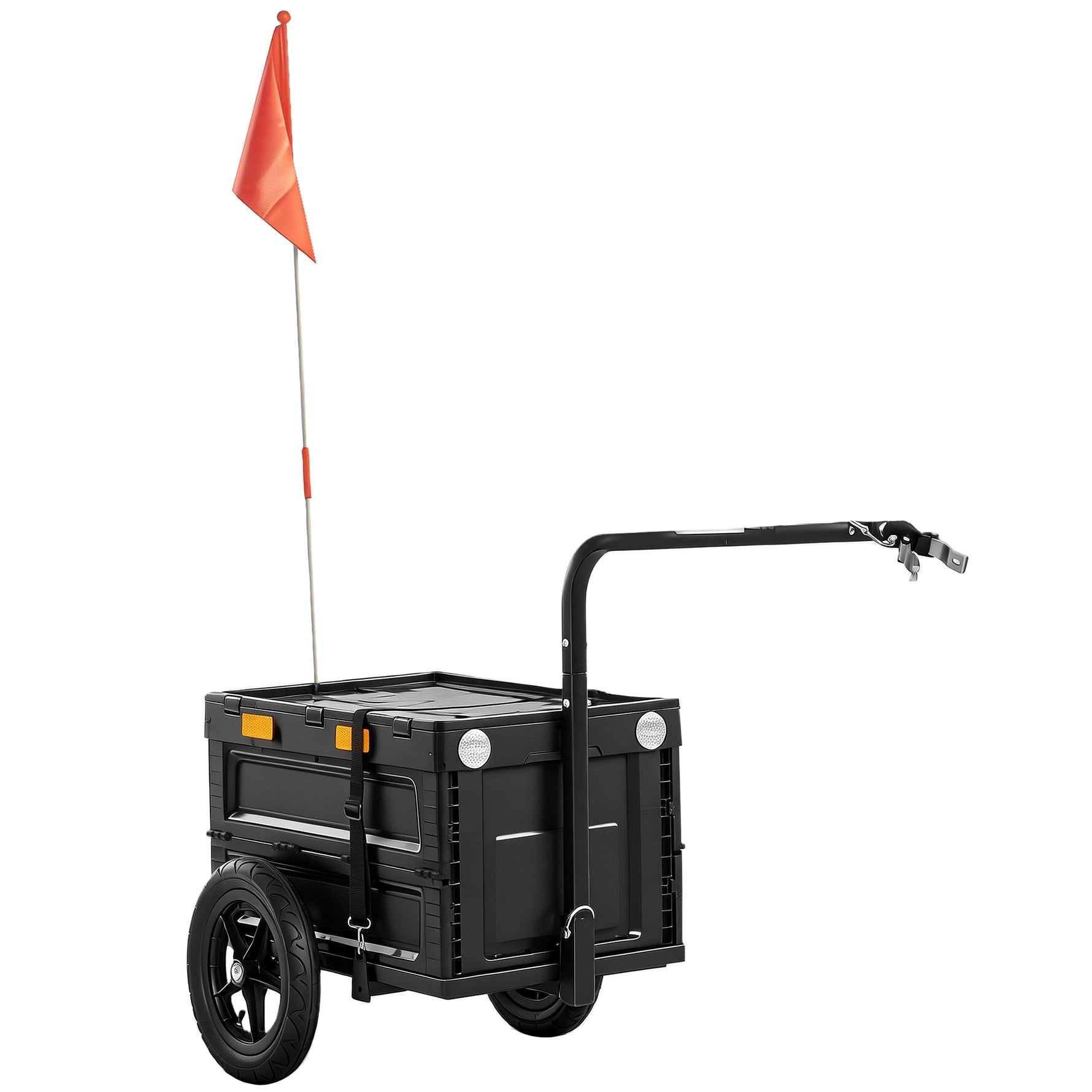Remorque Vélo Cargo Chariot de Transport Pliable Caisse Plastique 65L Couvercle Dégagement Rapide 145x51,5x72cm Noir