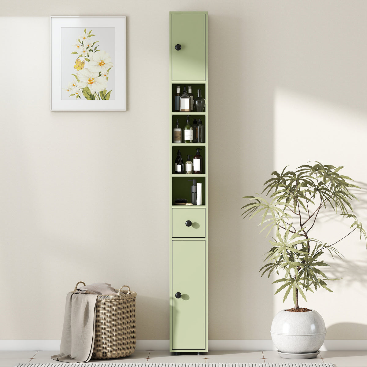 Tall bathroom storage cabinet, 1 drawer, 4 adjustable shelves and 2 cupboards, 20 x 20 x 180 cm, green