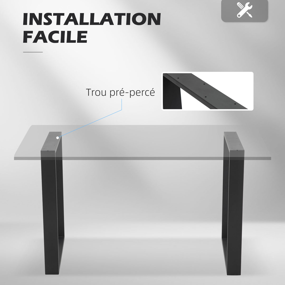 Lot de 2 pieds rectangulaires en acier noir pour table - hauteur 72 cm - design contemporain