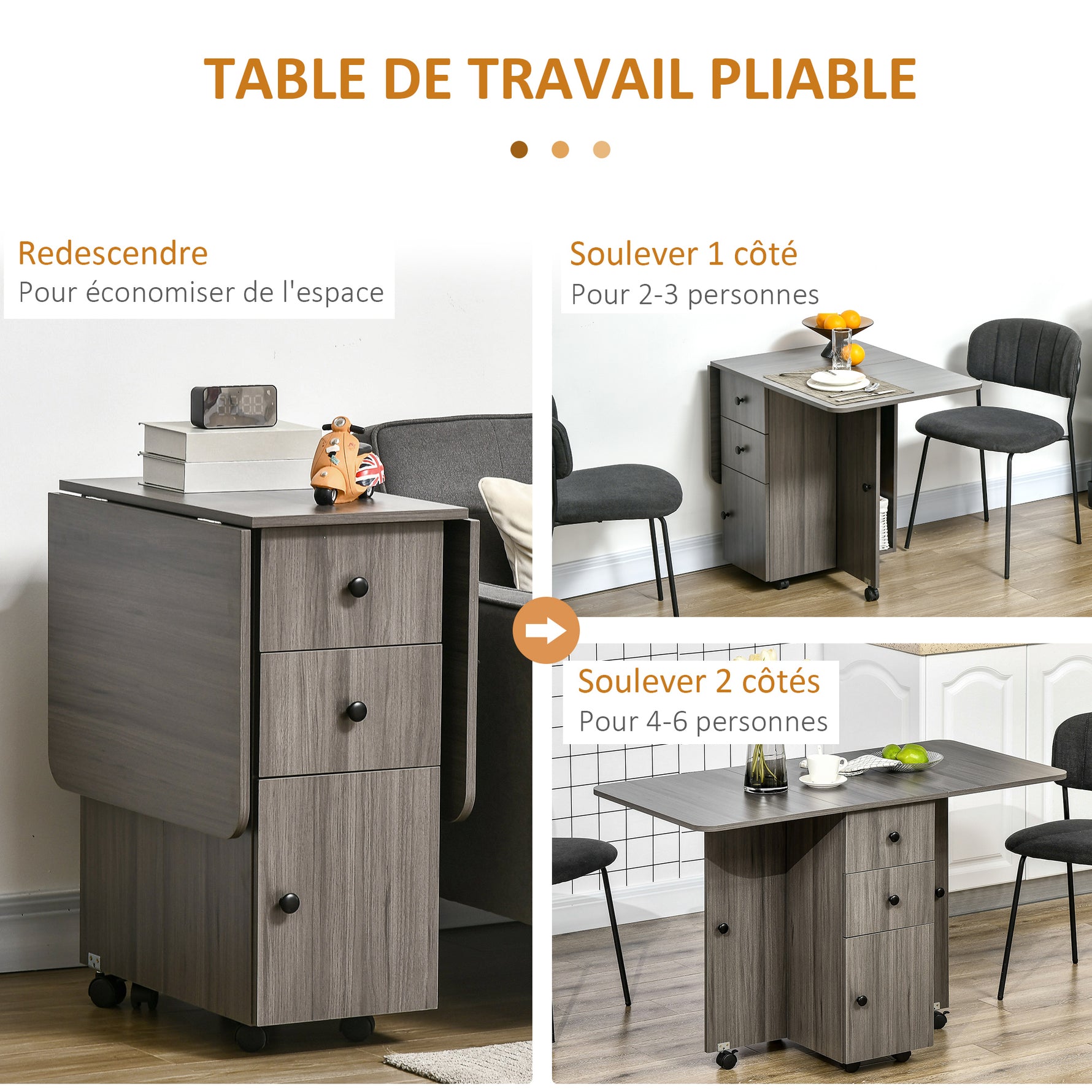 Table de cuisine pliable table à manger pliante 2 plateaux rabattables avec 2 tiroirs 1 placard gris