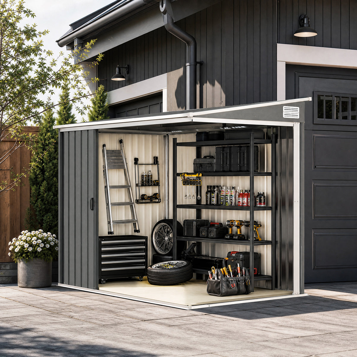 Tuinhuis 2,81 m² met Fundering, Aanbouw Gereedschapsschuur van Gegalvaniseerd Staal, 154x206,5x181cm, Lichtgrijs