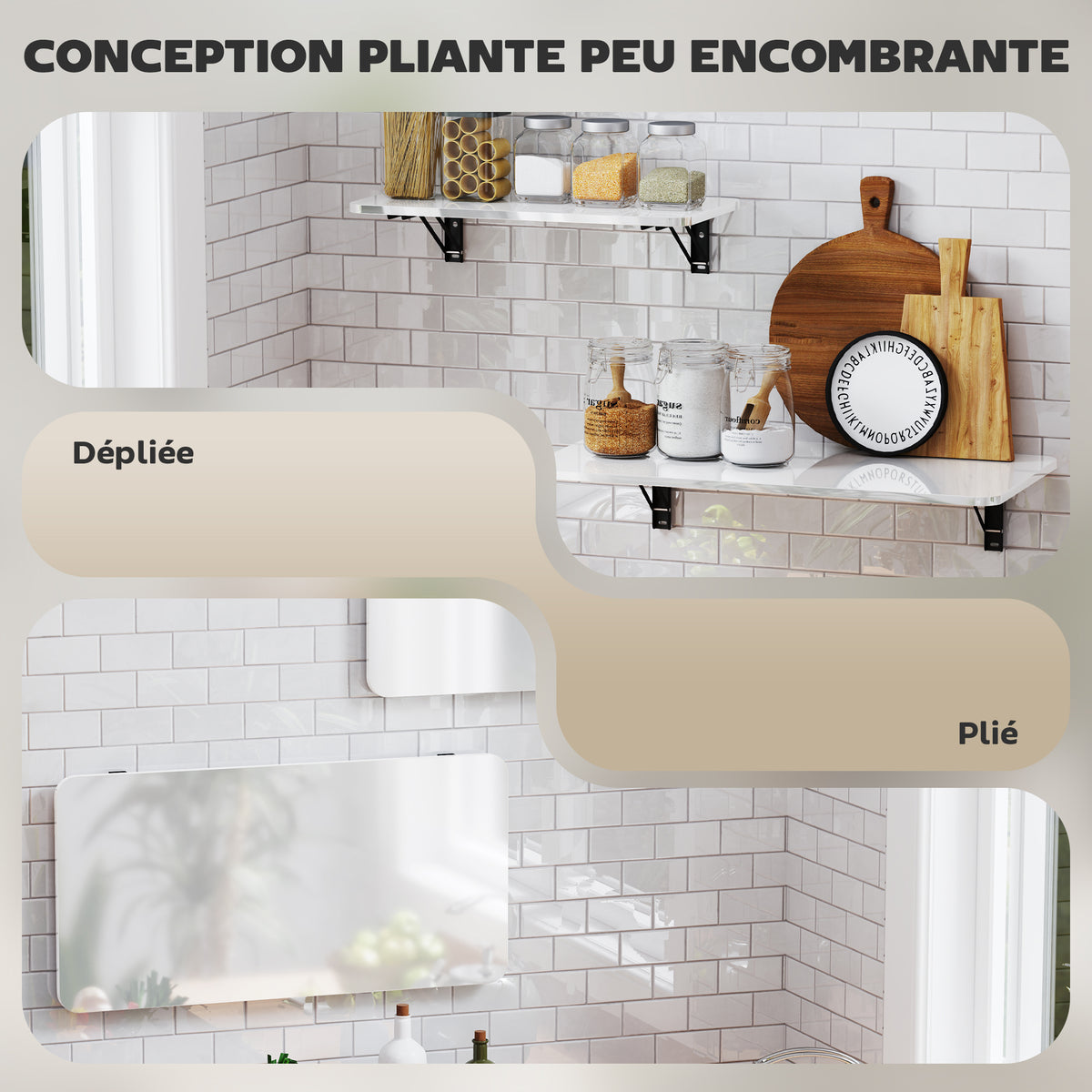 Lot de 2 tables pliantes murales, table murale rabattable en bois, pour cuisine, salle à manger, bureau, blanc brillant