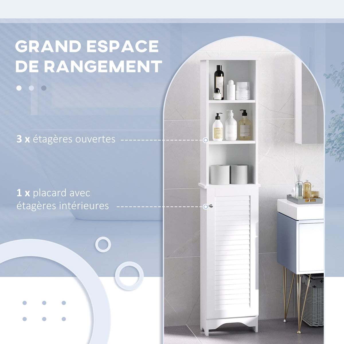Mueble columna para baño, 3 nichos, armario con puerta de persiana, 3 estantes, MDF, paneles de partículas, blanco