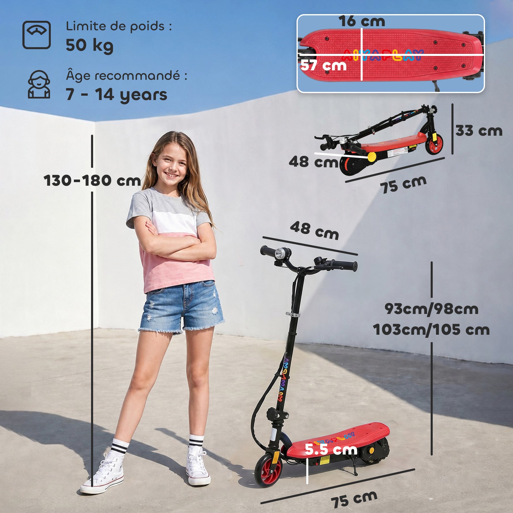 Trottinette électrique 120 W pliable pour enfant 7-14 ans 12 Km/h max. autonomie 10 Km max. rouge