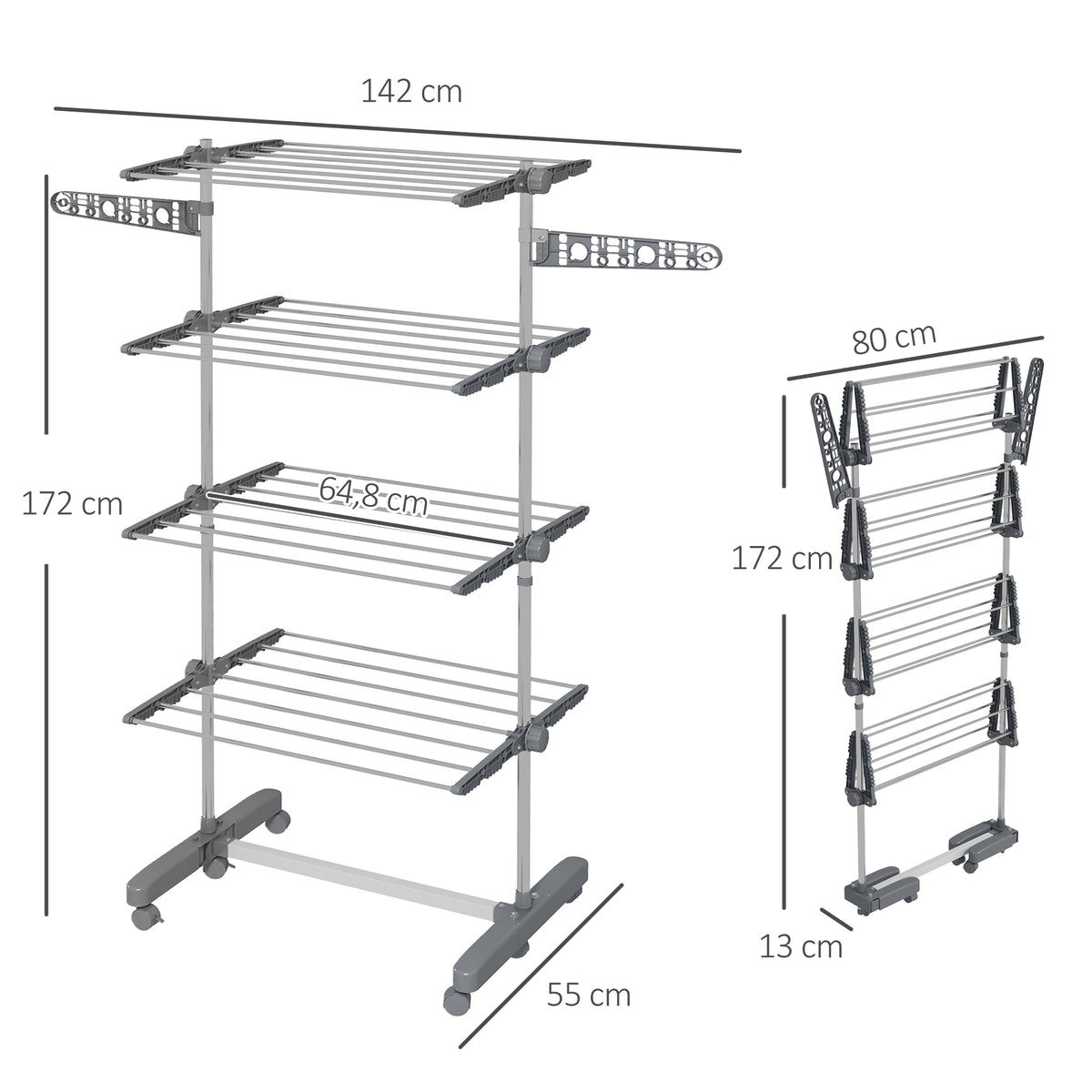 Séchoir à Linge étendoir pliable ailes latérales utilisation intérieure et extérieure 142 x 55 x 172 cm 4 niveaux gris
