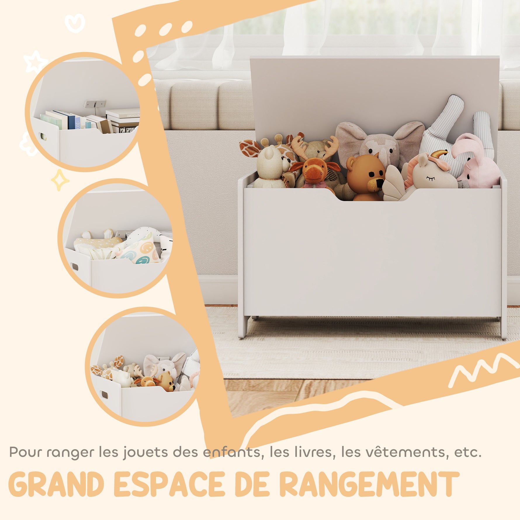 Coffre à jouet enfant avec couvercle rabattable, coffre de rangement enfant, forme d'ours, 60 x 38 x 48 cm, blanc