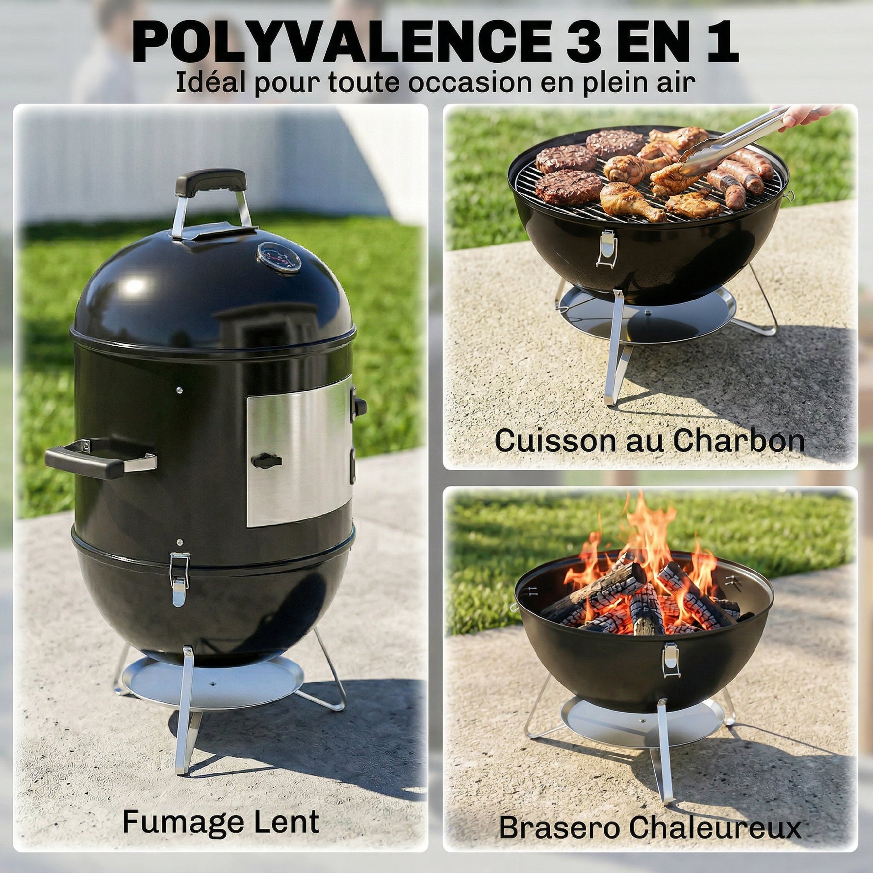Fumoir 3 en 1 avec 3 Grilles de Cuisson, Thermomètre Intégré, Ventilation Réglable, 62,5x47,5x91cm, Noir