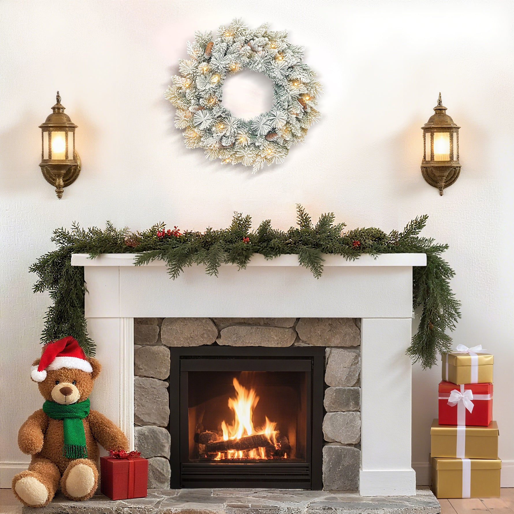 Couronne de Noël lumineuse 60 cm avec 35 LED blanc chaud, minuterie, 98 pointes, pommes de pin, vert et blanc