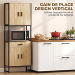 Buffet Haut Cuisine, Armoire de Cuisine, 4 Portes à Fermeture Douce, Tiroir, Plan de Travail, 60x30x170cm, Bois Naturel