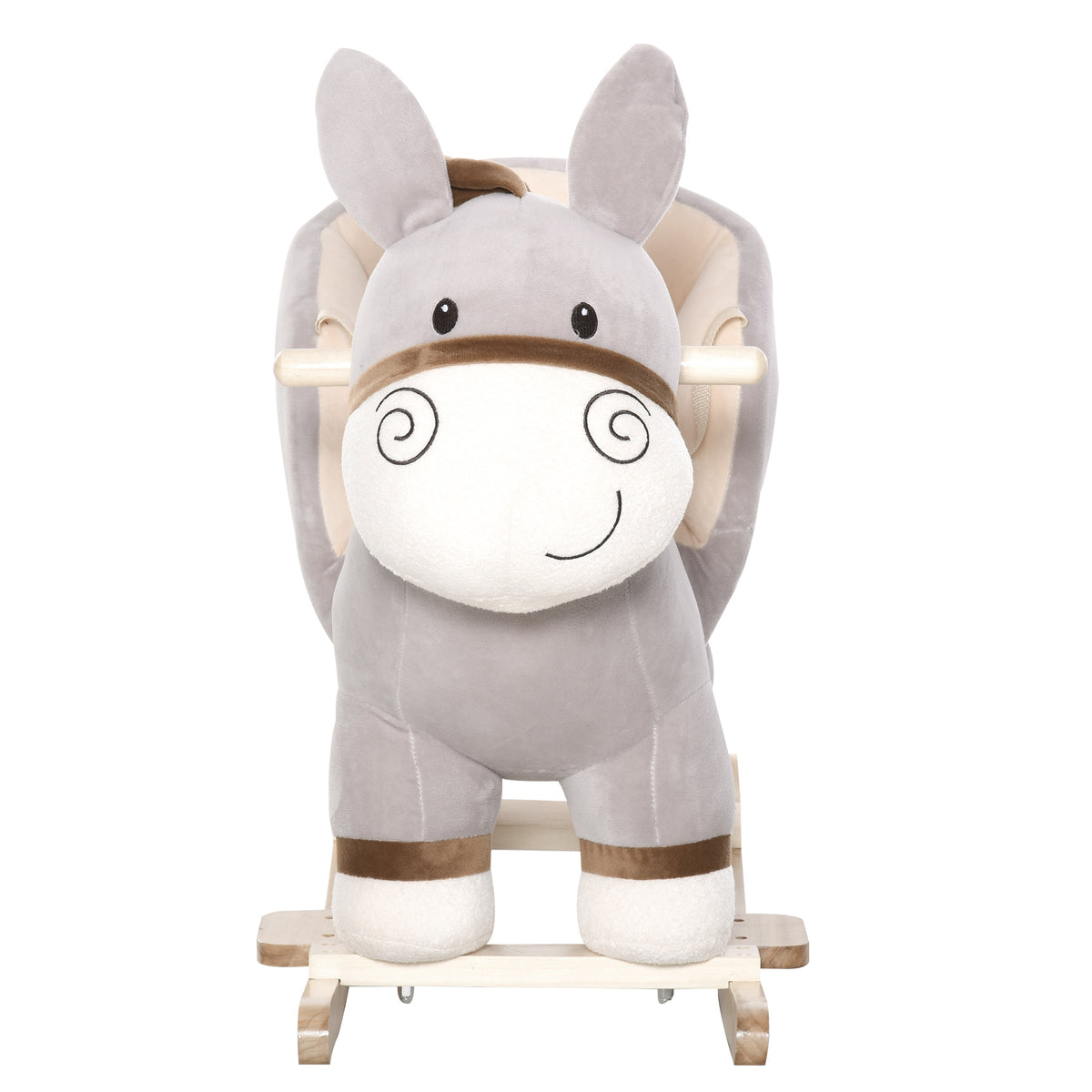 Cheval à Bascule modèle âne Fonction Musicale Selle Grand Confort Peluche Courte Douce Bois peuplier Gris dim. 61L x 34l x 58H cm