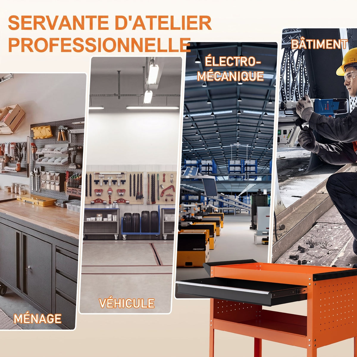 Chariot d'atelier servante atelier à 3 niveaux avec tiroir, porte-outils latéral et poignée, 82x35x76 cm, orange