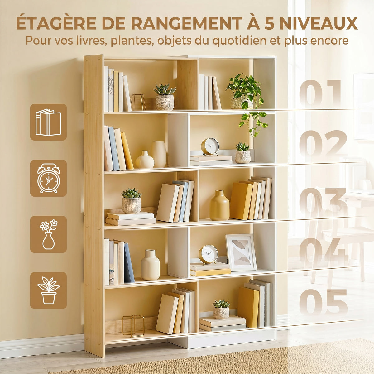 Bibliothèque d'angle rotative 350° à 5 niveaux, étagère de rangement extensible en forme L, 60-111x24x164cm, chêne