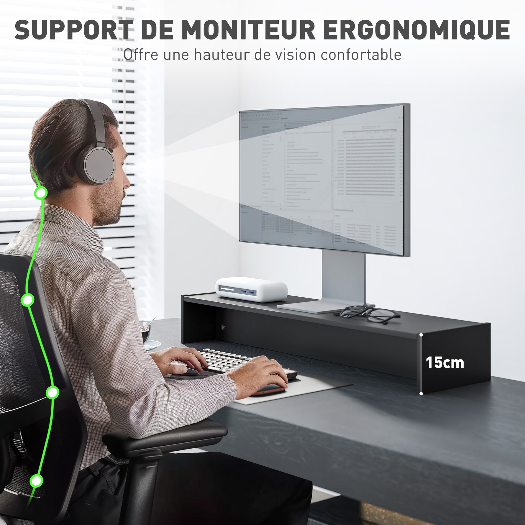 Rehausseur écran PC bureau support d'écran d'ordinateur de 100 cm support moniteur avec deux compartiments, noir