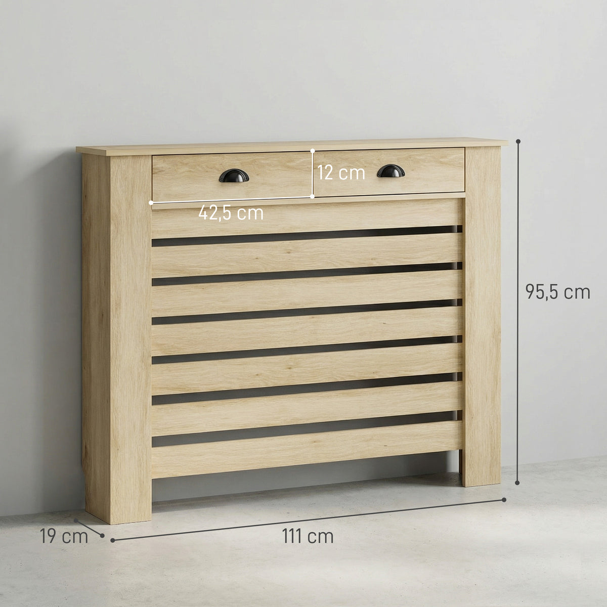 Heizkörperverkleidung mit horizontalen Lamellen und 2 Schubladen aus Holz 111L x 19T x 95,5H cm Eiche