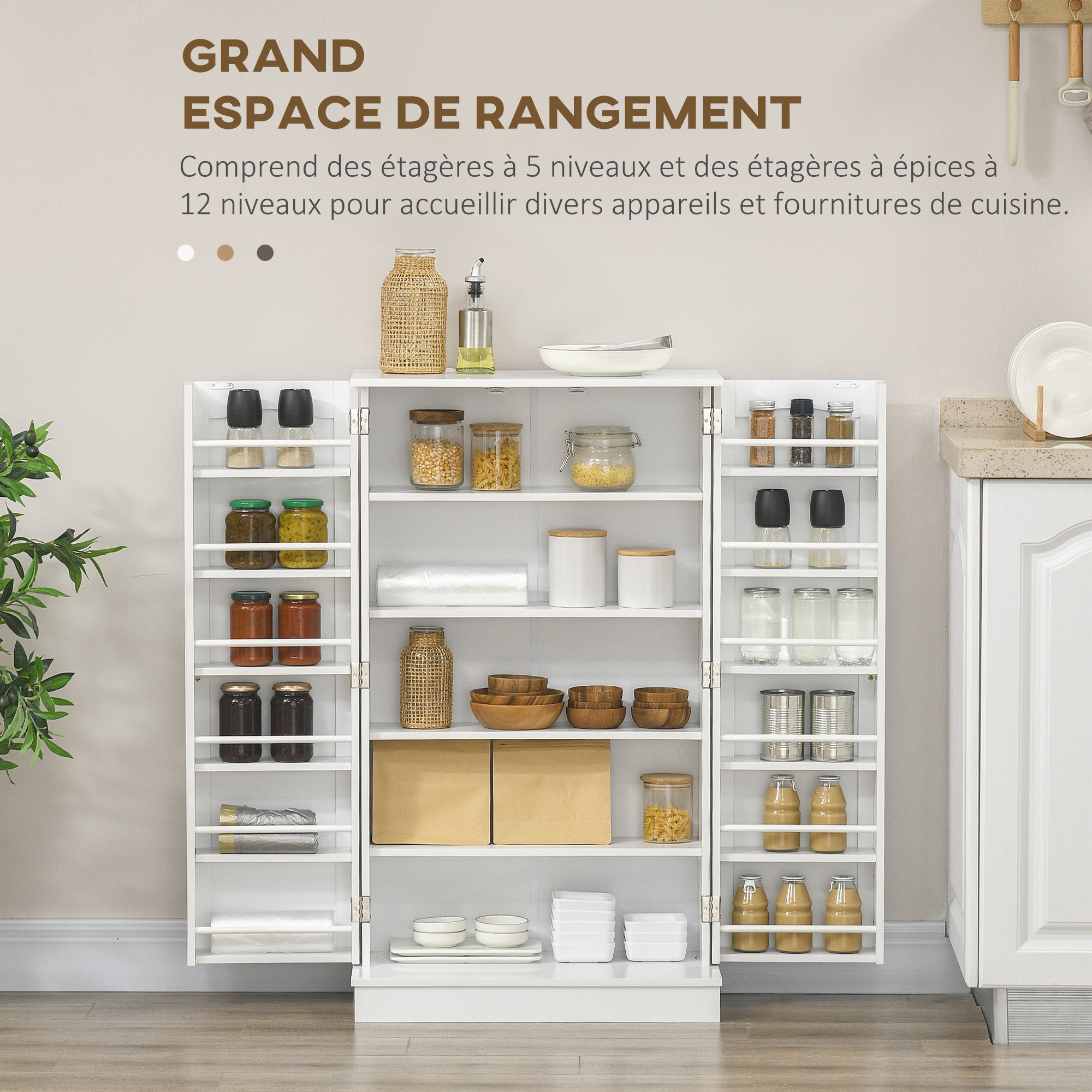Armoire meuble de cuisine garde-manger 2 portes avec 5 étagères et 12 porte-épices - 60 x 30 x 104 cm - blanc
