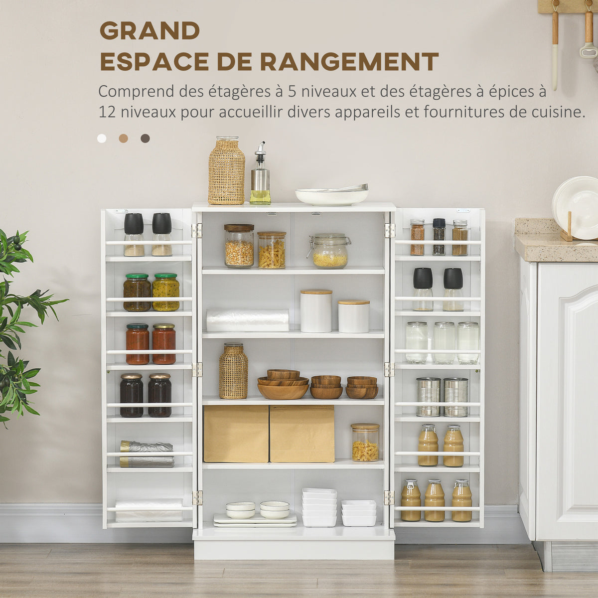 Armoire meuble de cuisine garde-manger 2 portes avec 5 étagères et 12 porte-épices - 60 x 30 x 104 cm - blanc