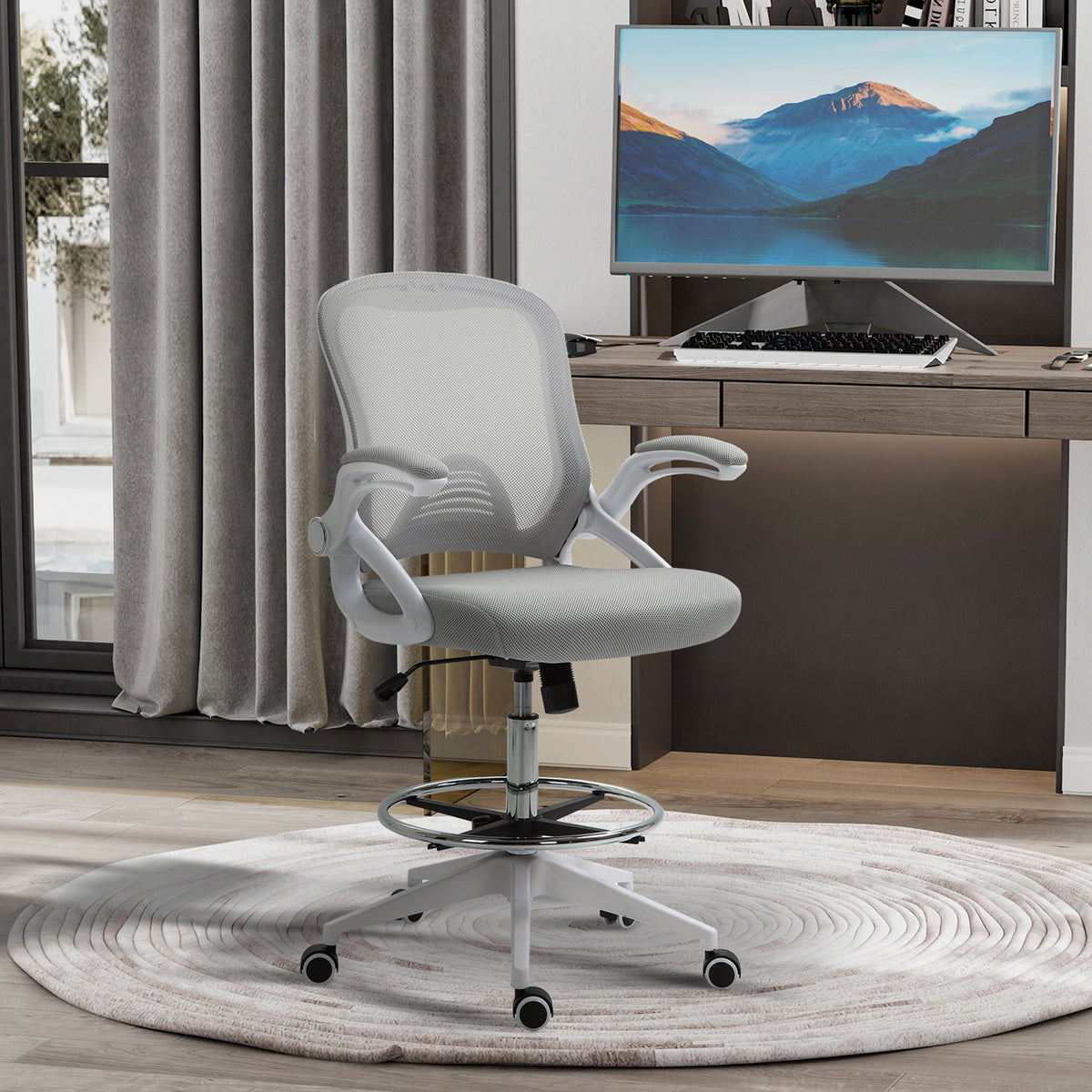 Fauteuil de bureau chaise de bureau assise debout hauteur réglable repose-pieds gris et blanc
