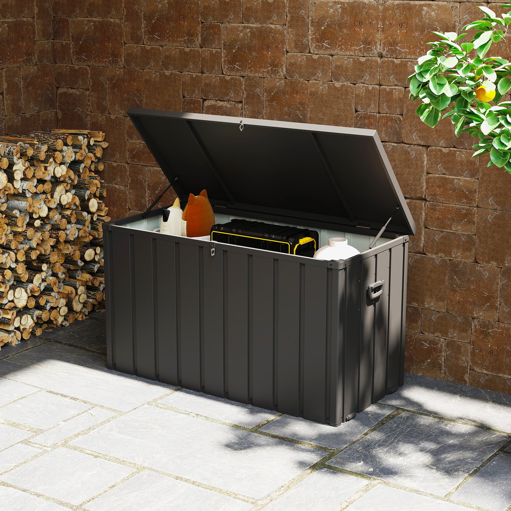 Coffre de rangement pour jardin 450L en métal avec vérin à gaz, roulettes et poignée - dim. 125,5L x 61,5l x 70H cm
