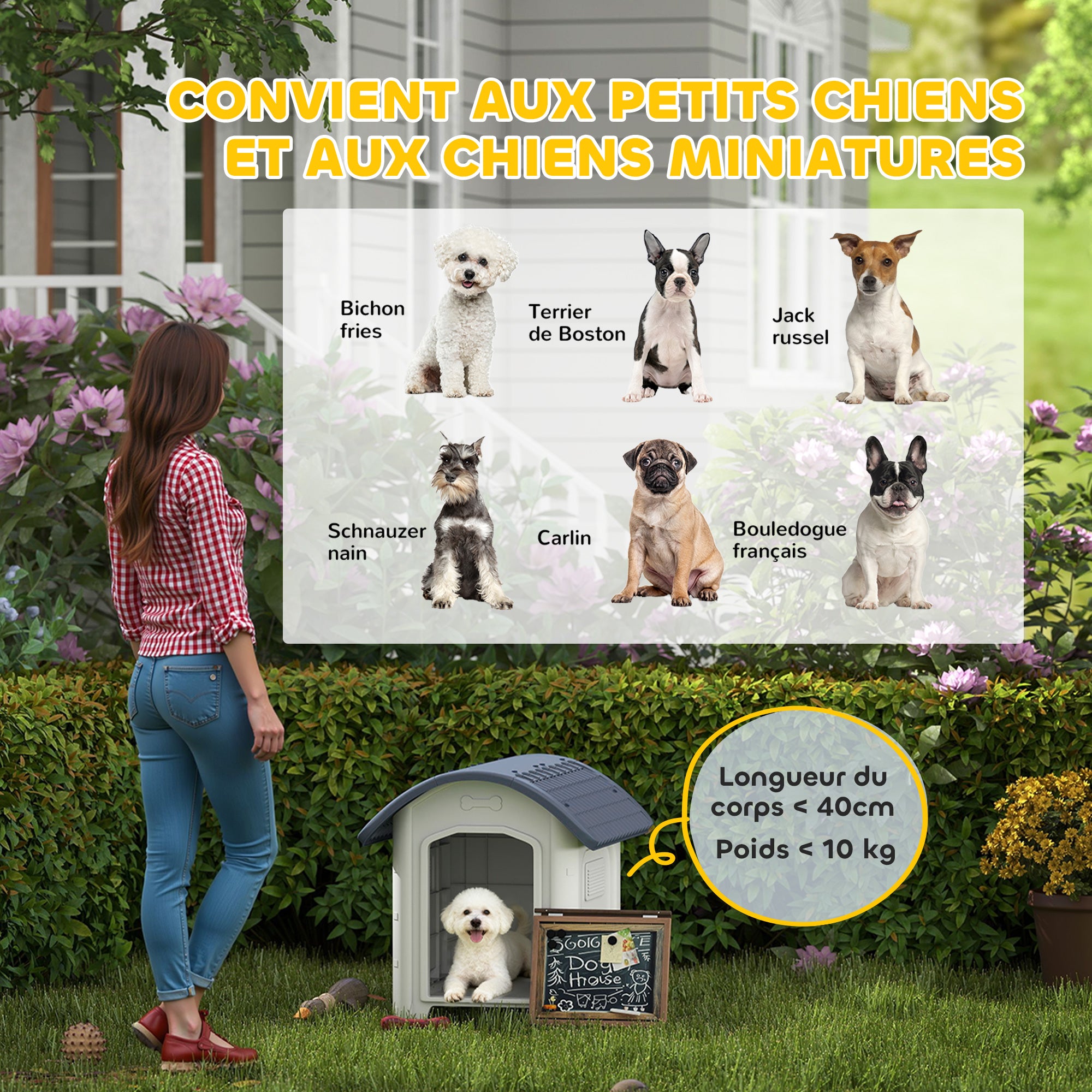 Caseta para perro de exterior, casa para perro de plástico con suelo elevado y extraíble, techo impermeable, gris