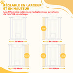 Barrière pour chien, largeur ajustable 76-102cm, barrière extra large avec porte pour chat, blanc