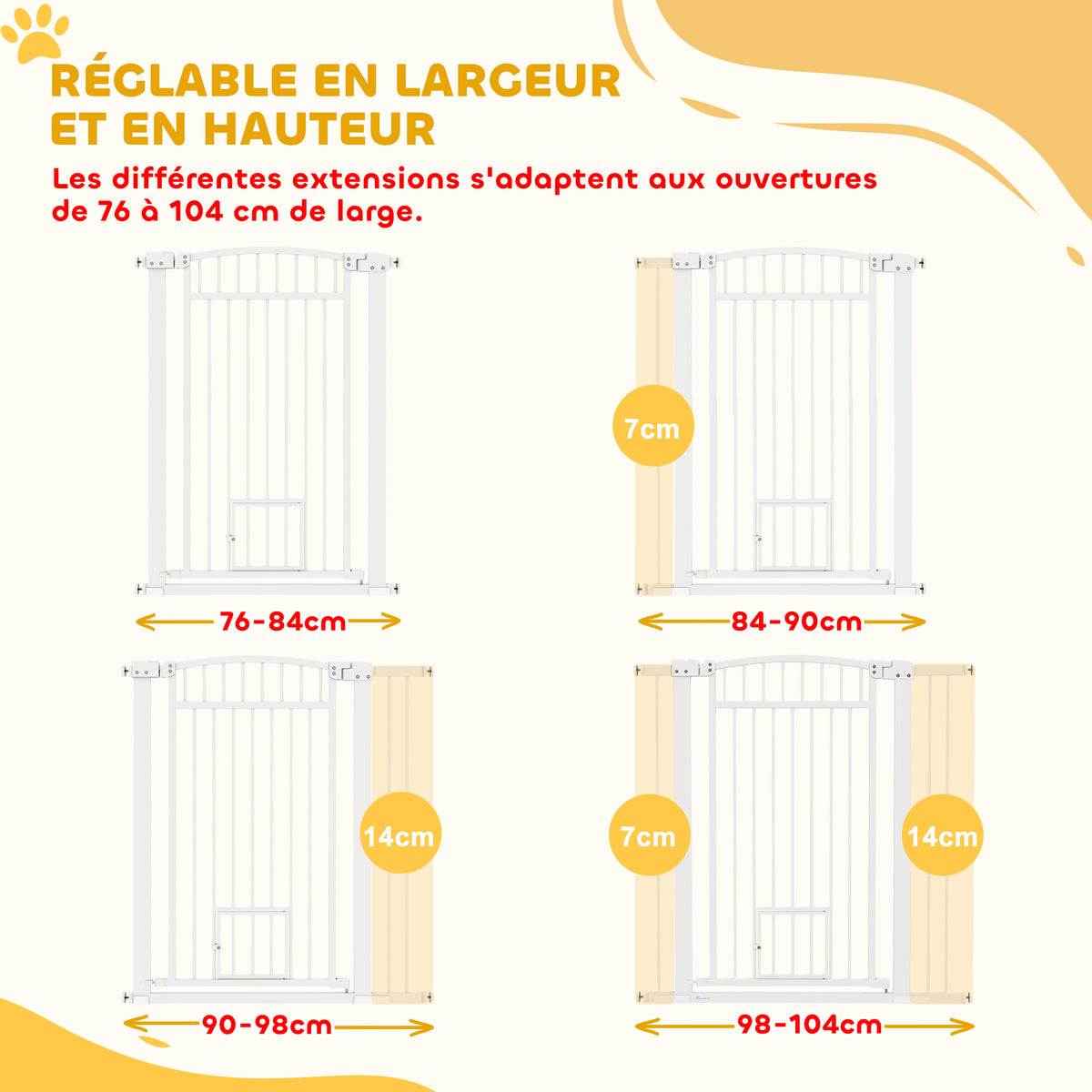 Barrière pour chien, largeur ajustable 76-102cm, barrière extra large avec porte pour chat, blanc