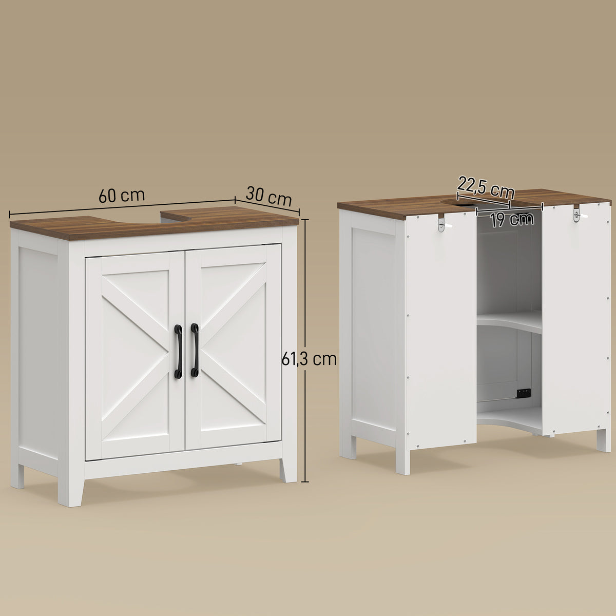 Meuble sous lavabo, meuble de salle de bain moderne avec 2 portes de grange et étagère réglable, blanc