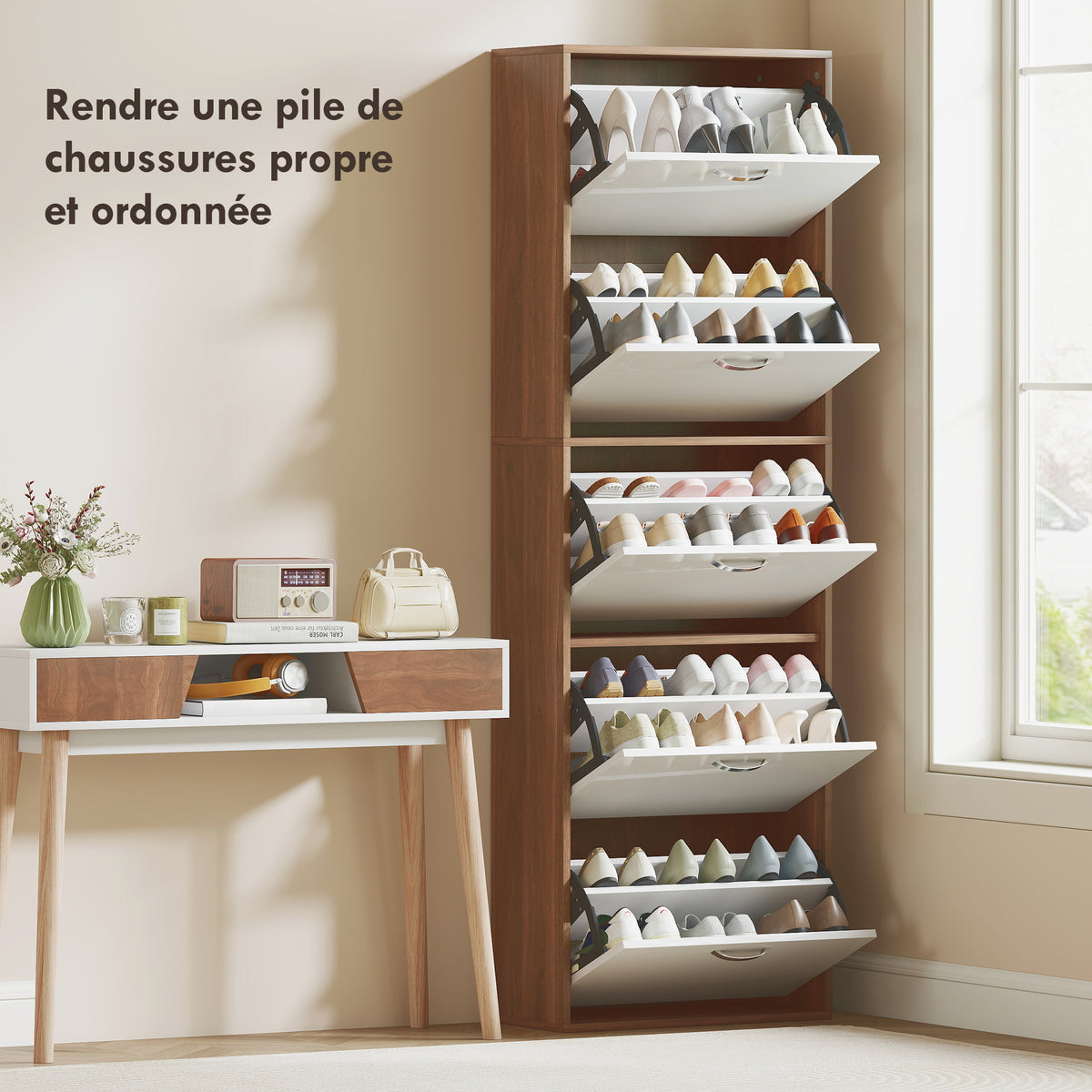 Armoire à Chaussures Meuble à Chaussures 5 Portes abattantes Bicolore Blanc Marron foncé Imitation Bois