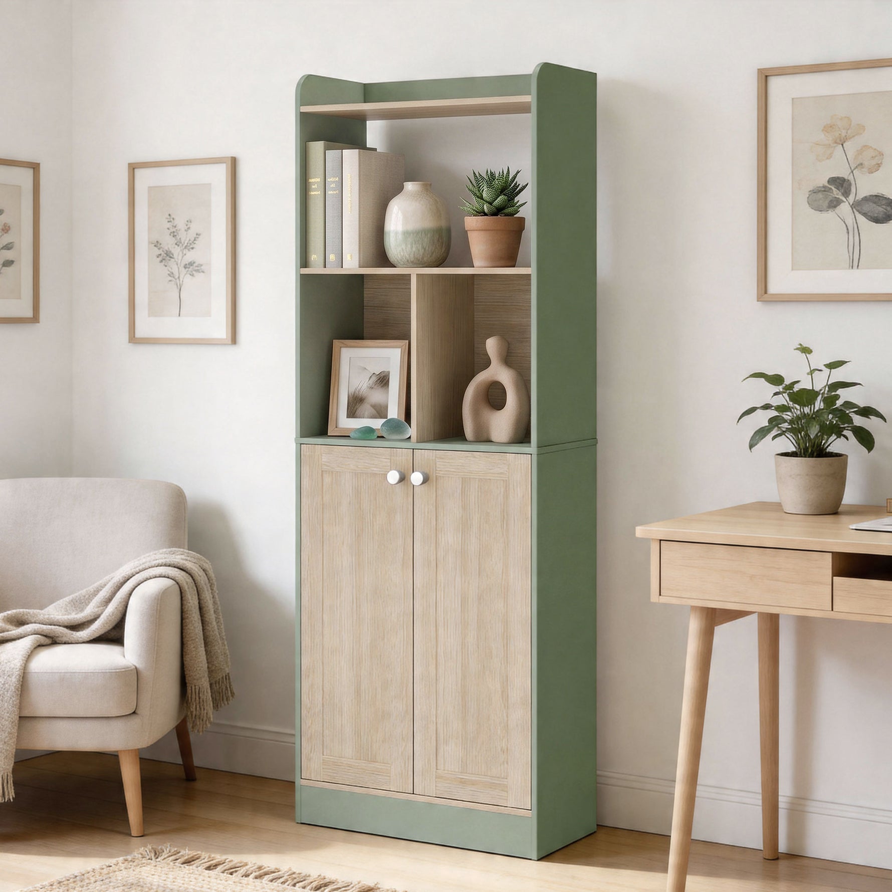 Bibliothèque à 5 niveaux, meuble de rangement, étagère à livres avec 2 portes, 60 x 30 x 161,2 cm vert et bois naturel