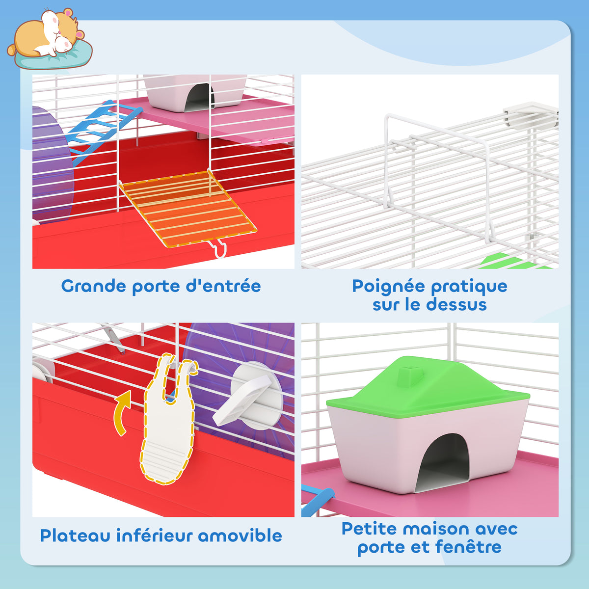 Cage hamster, cage rongeur à 2 niveaux, base amovible nettoyage facile, cabane, roue d'exercice, 47 x 30 x 27 cm, blanc