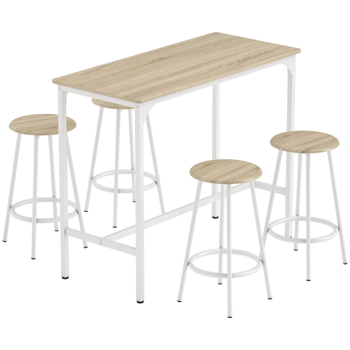 Set van bartafel en 4 krukken met voetensteun in moderne stijl, metalen frame met natuurlijk houteffect