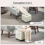 Repose pied salon, ottoman, siège rembourré capitonné en tissu aspect lin avec poche latérale, 35 x 35 x 35 cm, crème