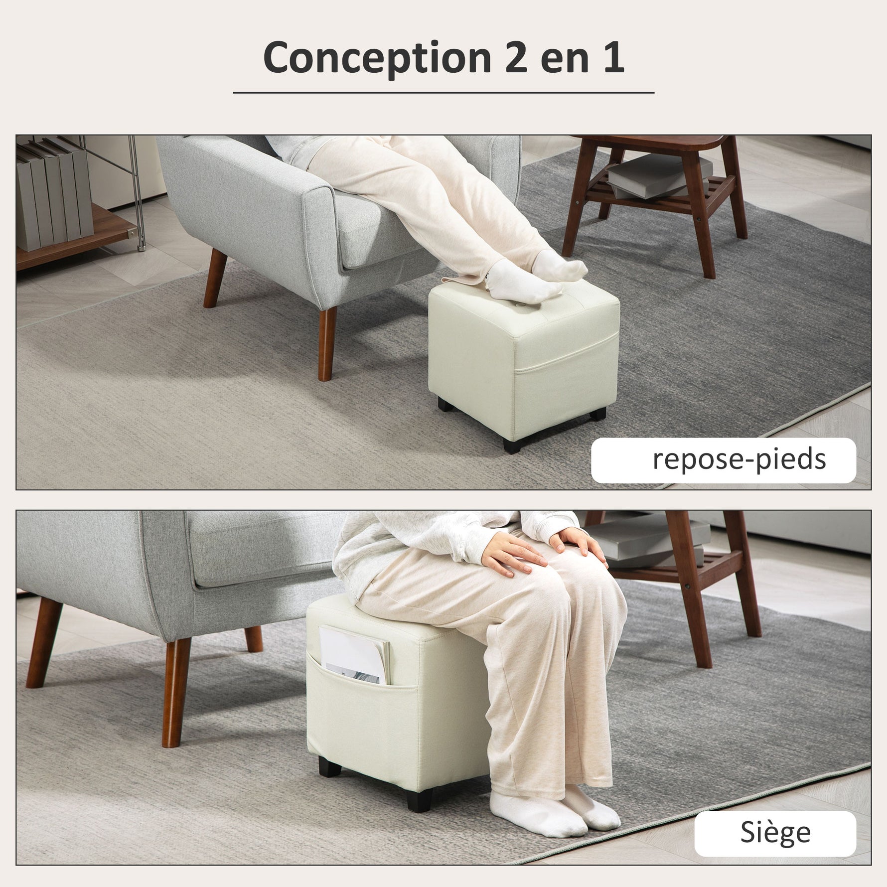 Repose pied salon, ottoman, siège rembourré capitonné en tissu aspect lin avec poche latérale, 35 x 35 x 35 cm, crème