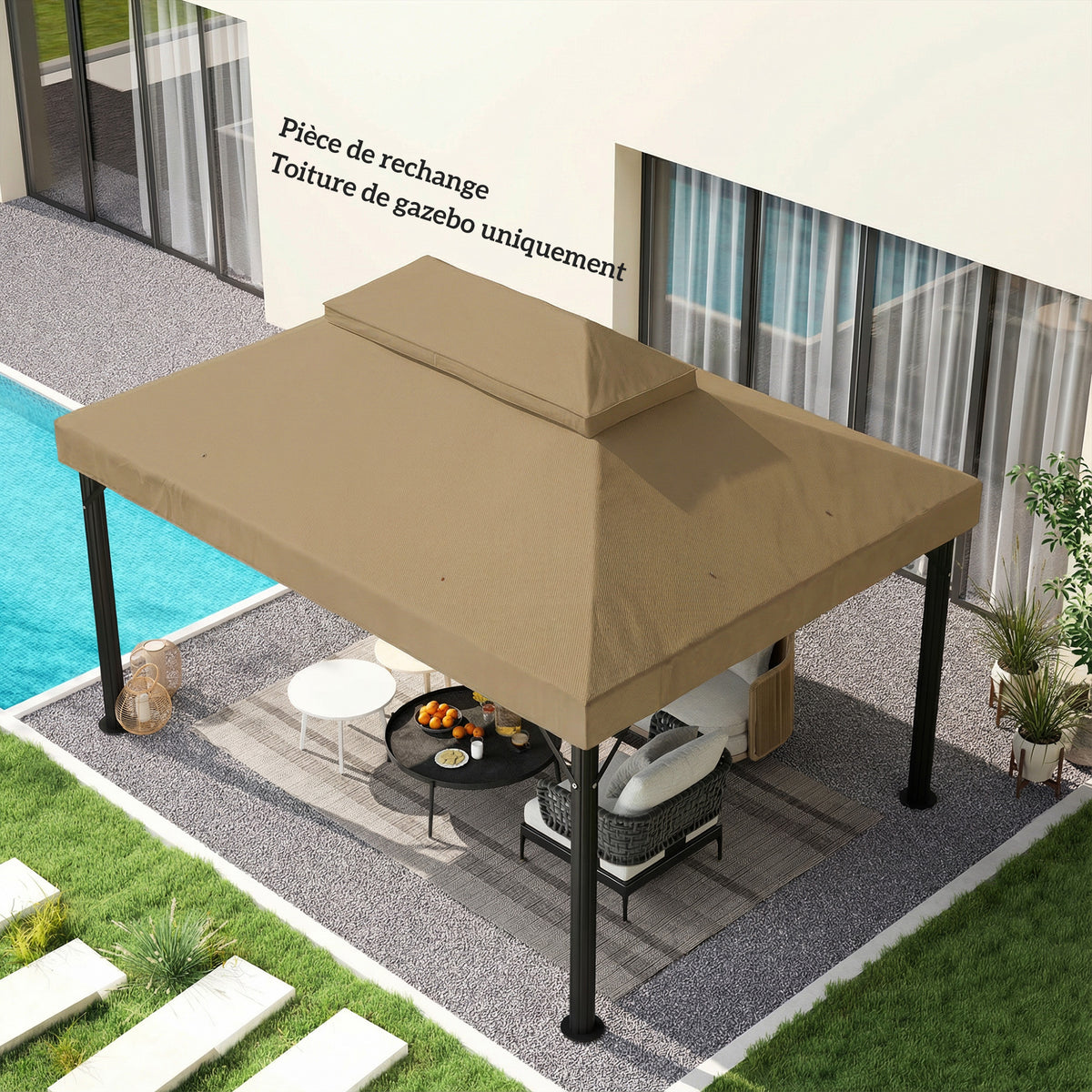 Ordezko oihala 4 x 3 m-ko begiratokirako, teilatu bikoitza drainatze-zuloekin, 370 g/m²-ko poliesterra, beixa