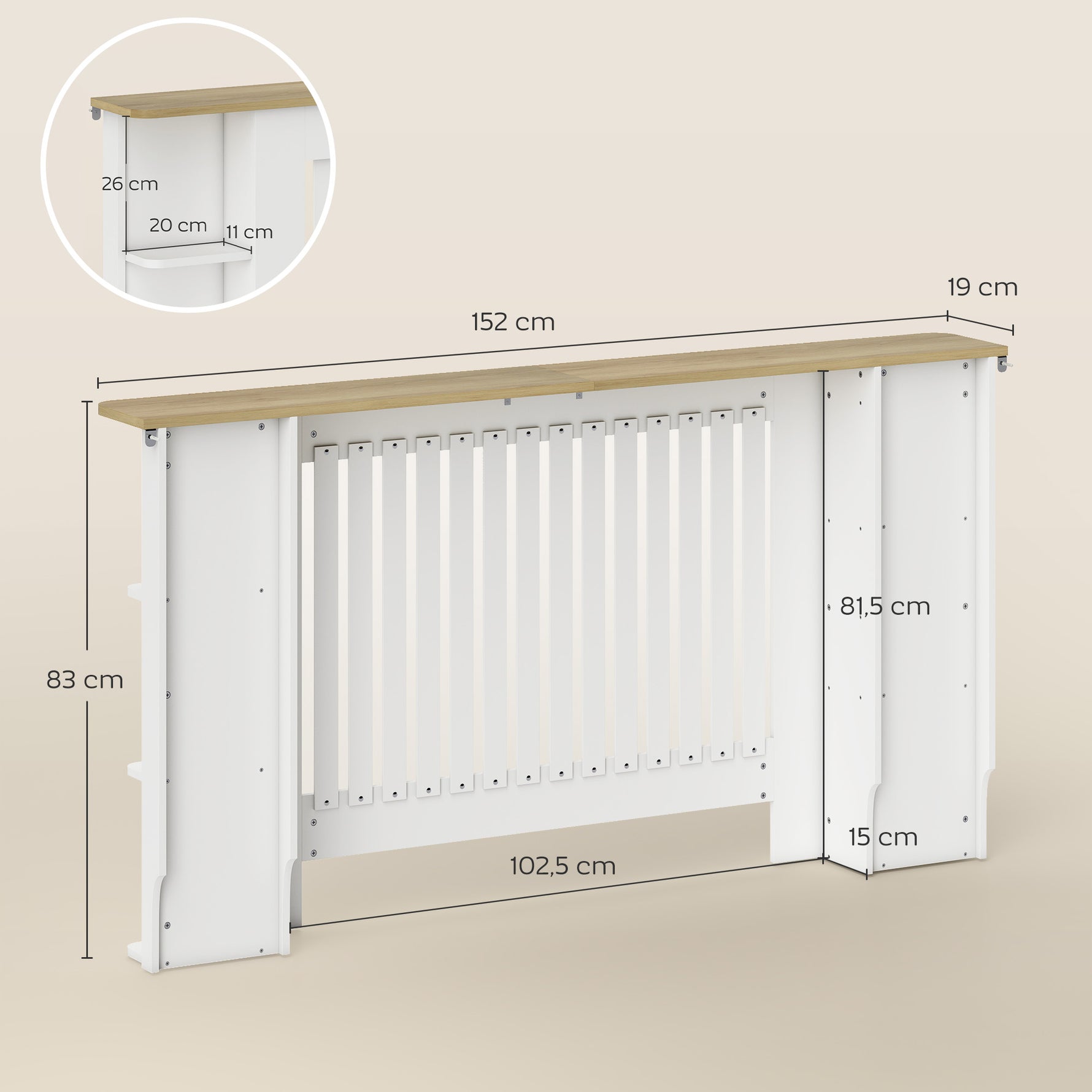 Cache-radiateur avec étagères de rangement ouvertes, couvercle de radiateur en bois à lattes, 152x19x83cm, blanc
