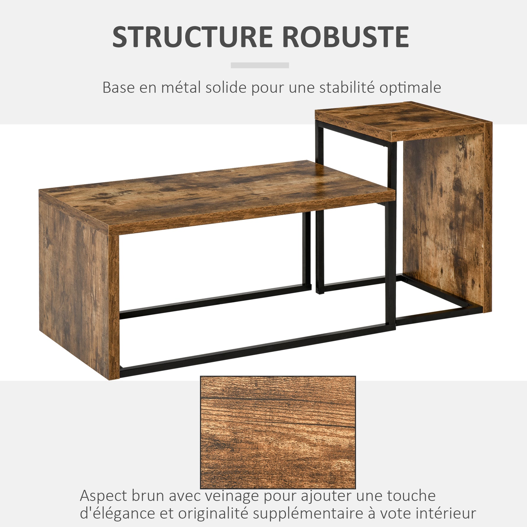 Lot de 2 Tables Basses gigognes Design Industriel encastrable dim. Grande Table 90L x 48l x 42H cm métal Noir Aspect Vieux Bois